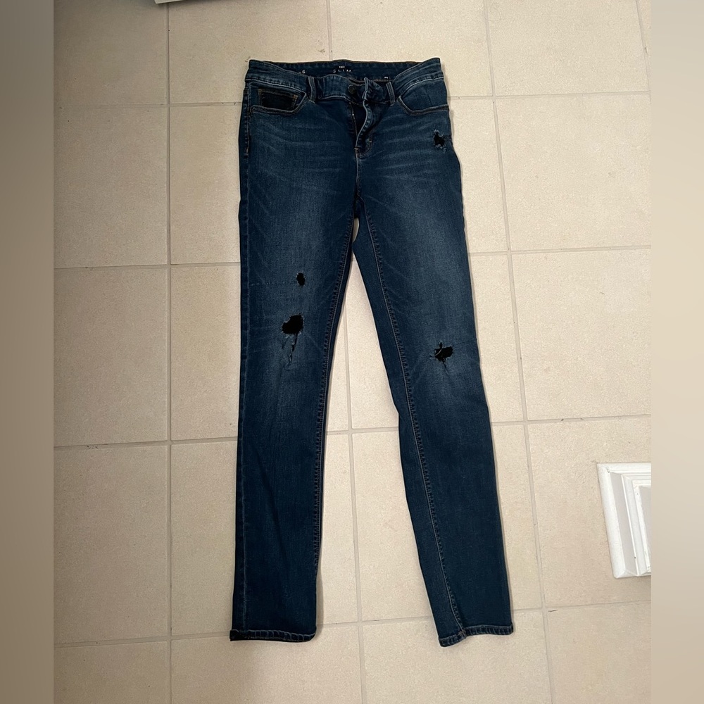 White House Black market straight leg jeans with distressed marks